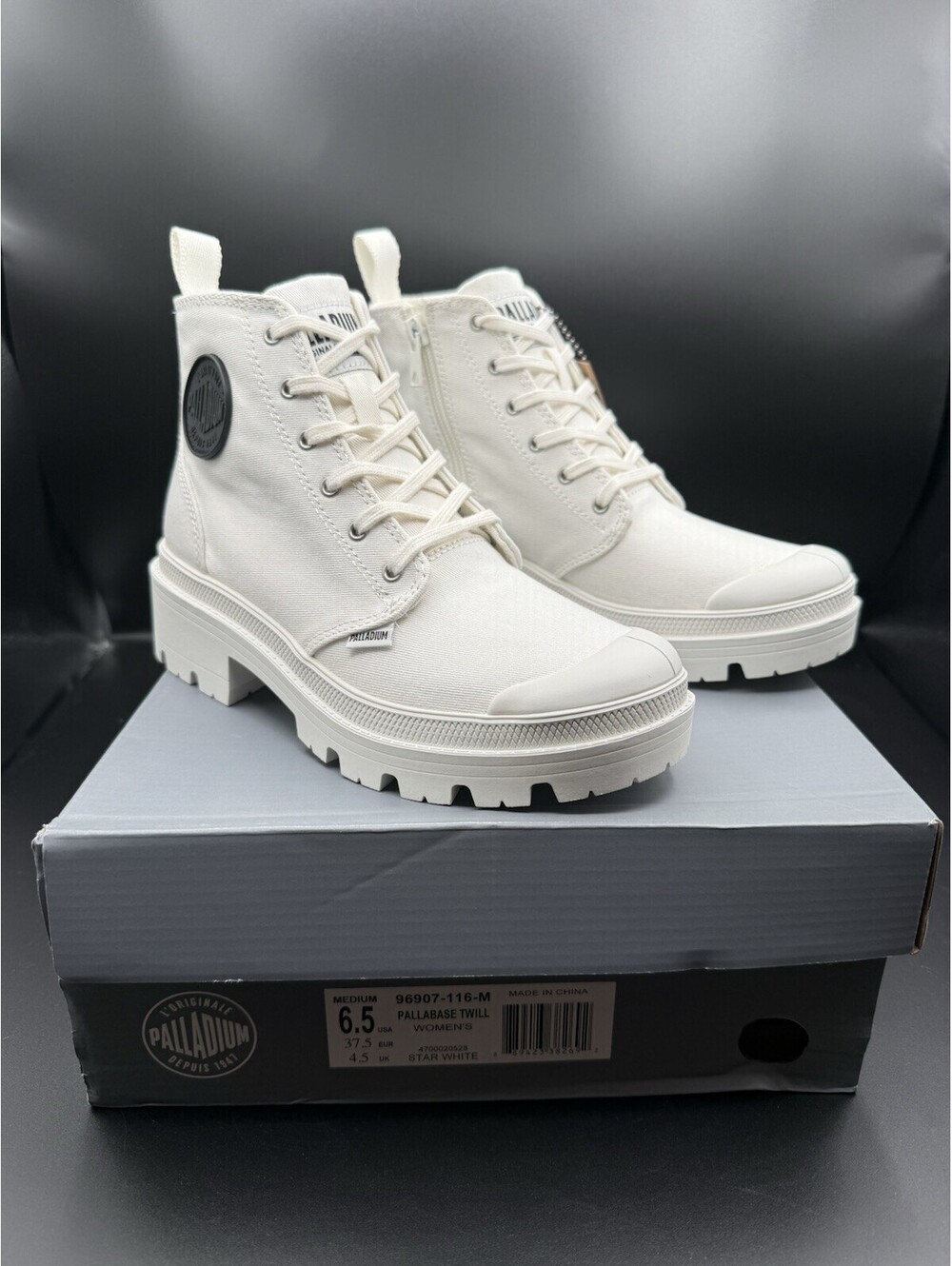 Palladium Pallabase Twill Womens 6.5 Star White Canvas Platform Zipper Boots